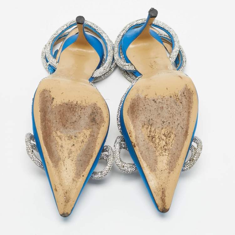 Pre Owned Mach & Mach Blue Satin Crystal Embellished Double Bow Ankle Wrap Pumps Size 40.5