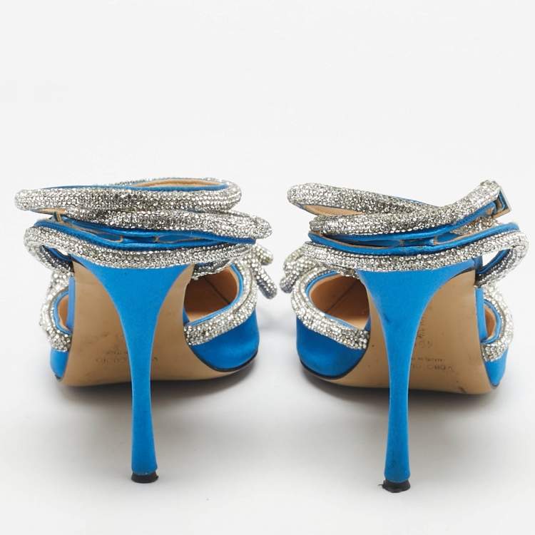 Pre Owned Mach & Mach Blue Satin Crystal Embellished Double Bow Ankle Wrap Pumps Size 40.5