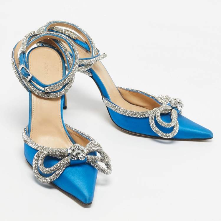 Pre Owned Mach & Mach Blue Satin Crystal Embellished Double Bow Ankle Wrap Pumps Size 40.5