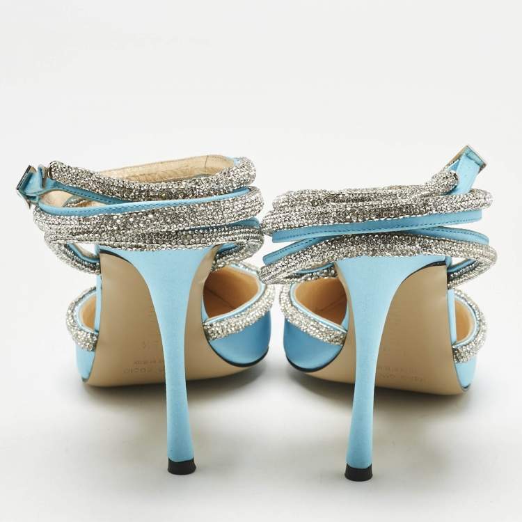 Pre Owned Mach & Mach Blue Satin Crystal Heart Heel Embellished Ankle Strap Pumps Size 38.5