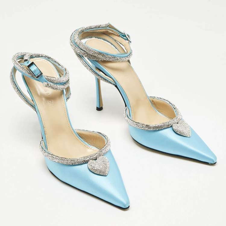 Pre Owned Mach & Mach Blue Satin Crystal Heart Heel Embellished Ankle Strap Pumps Size 38.5
