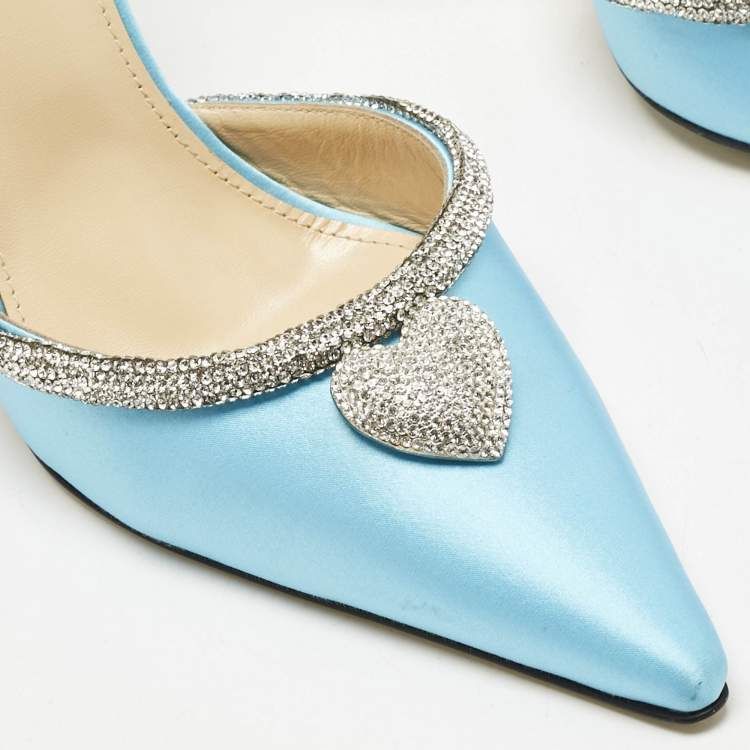 Pre Owned Mach & Mach Blue Satin Crystal Heart Heel Embellished Ankle Strap Pumps Size 38.5