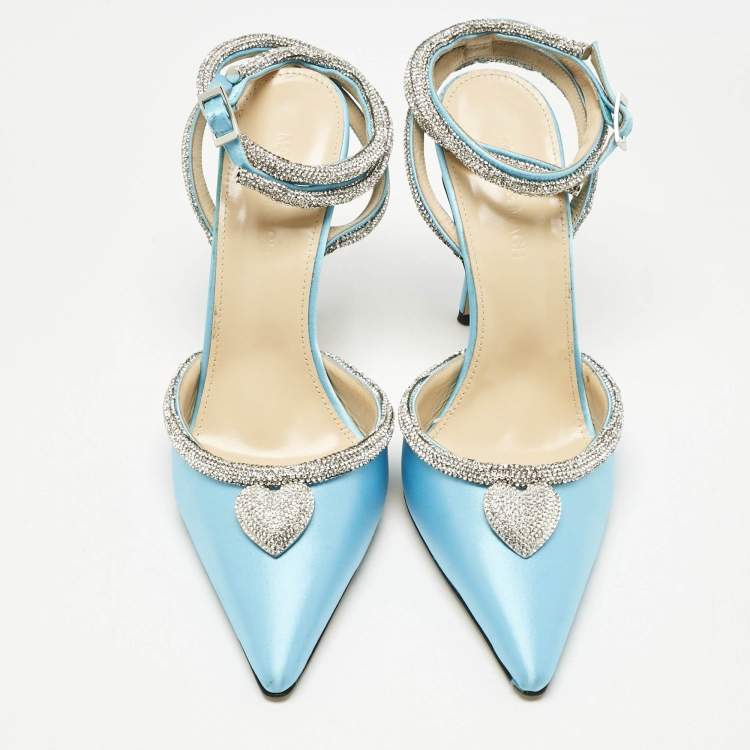 Pre Owned Mach & Mach Blue Satin Crystal Heart Heel Embellished Ankle Strap Pumps Size 38.5