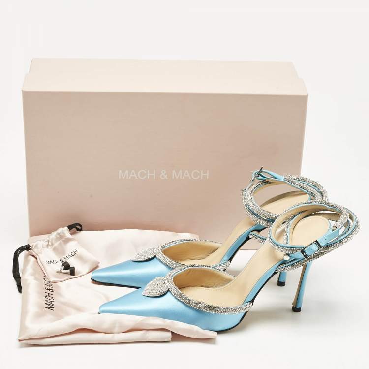 Pre Owned Mach & Mach Blue Satin Crystal Heart Heel Embellished Ankle Strap Pumps Size 38.5