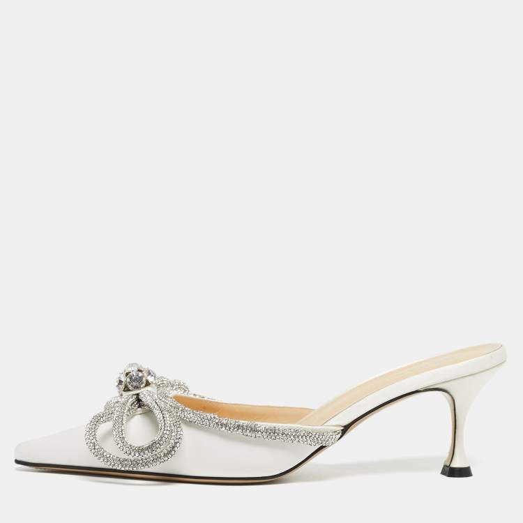 Pre Owned Mach & Mach White Satin Double Bow Heel Mules Size 39