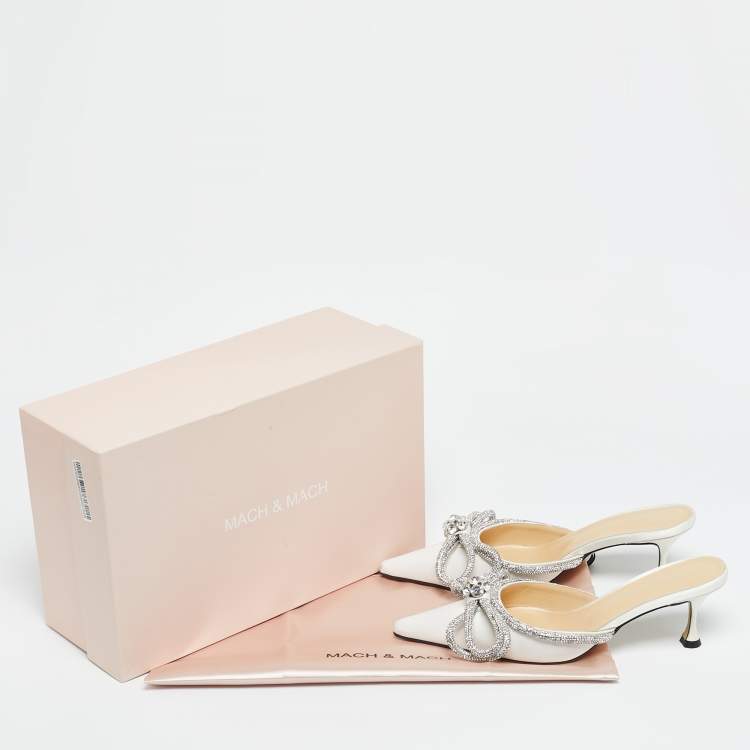Pre Owned Mach & Mach White Satin Double Bow Heel Mules Size 39