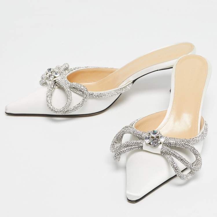 Pre Owned Mach & Mach White Satin Double Bow Heel Mules Size 39