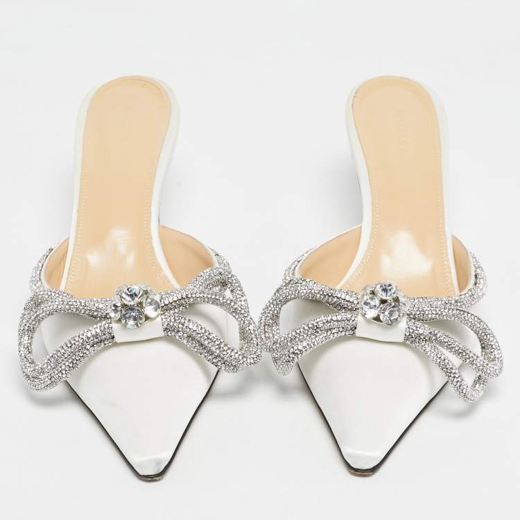 Pre Owned Mach & Mach White Satin Double Bow Heel Mules Size 39