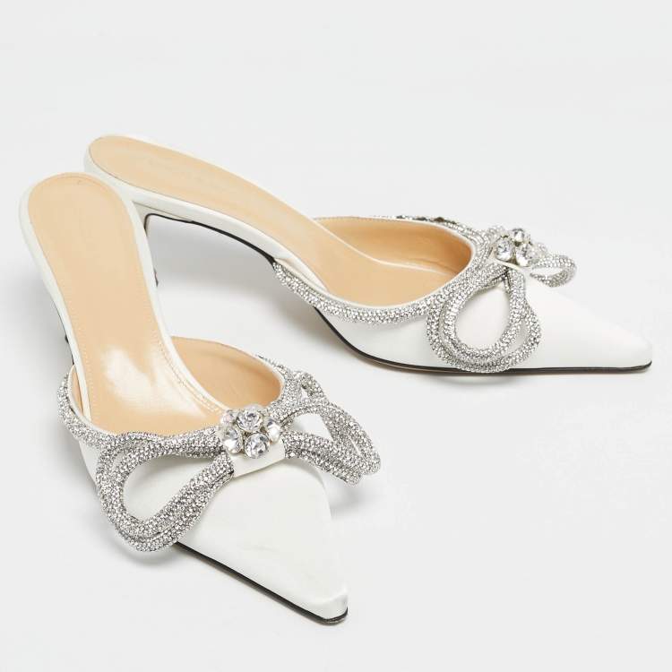 Pre Owned Mach & Mach White Satin Double Bow Heel Mules Size 39