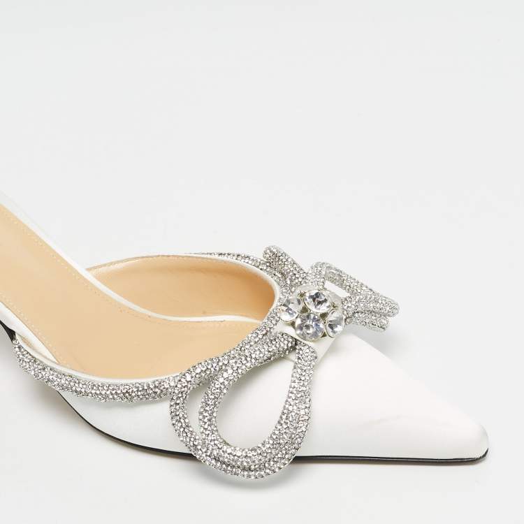 Pre Owned Mach & Mach White Satin Double Bow Heel Mules Size 39