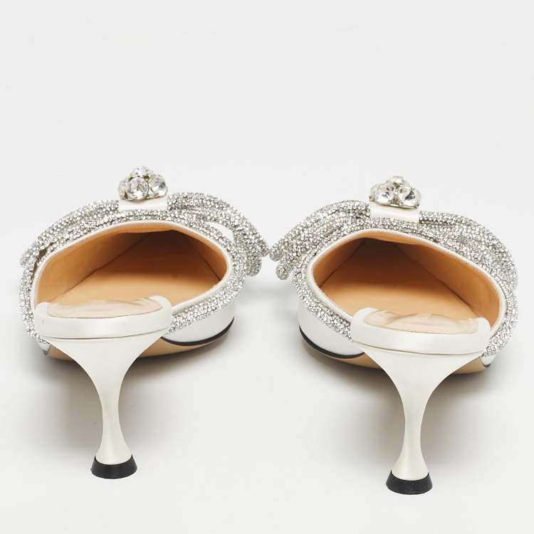 Pre Owned Mach & Mach White Satin Double Bow Heel Mules Size 39