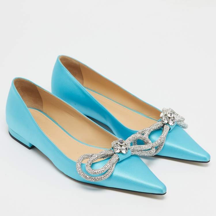 Pre Owned Mach & Mach Blue Satin Double Bow Ballet Flats Size 37.5