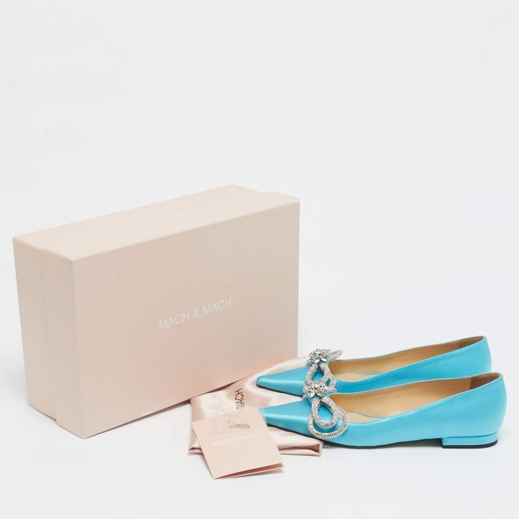 Pre Owned Mach & Mach Blue Satin Double Bow Ballet Flats Size 37.5