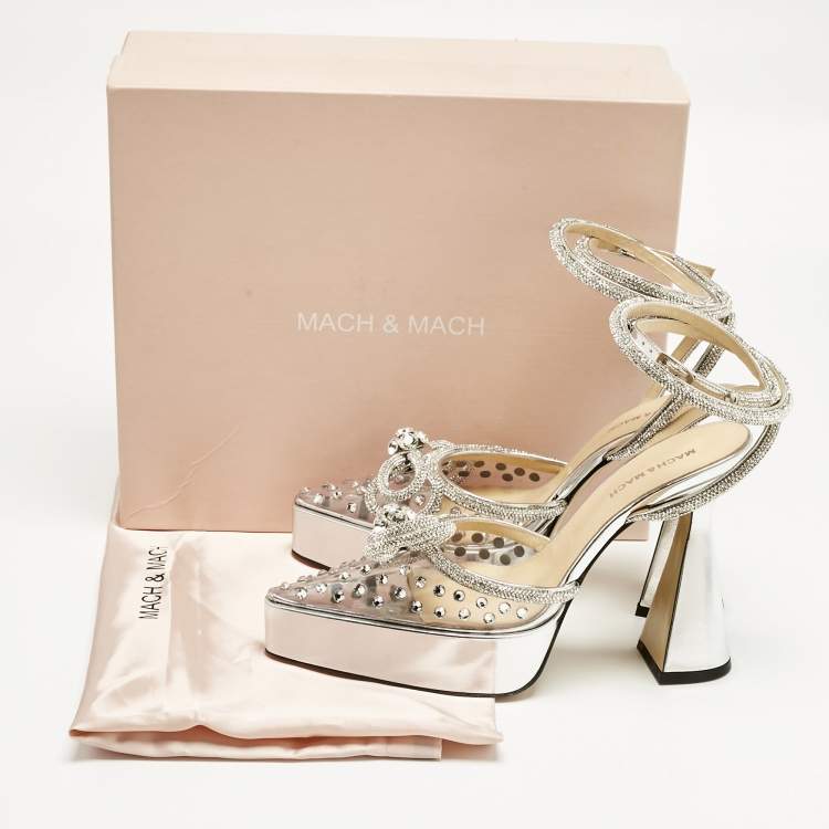 Pre Owned Mach & Mach Silver Leather and PVC Double Bow Platform Pumps Size 38.5