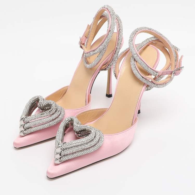 Pre Owned Mach & Mach White Satin Crystal Embellished Triple Heart Ankle Wrap Pumps Size 36