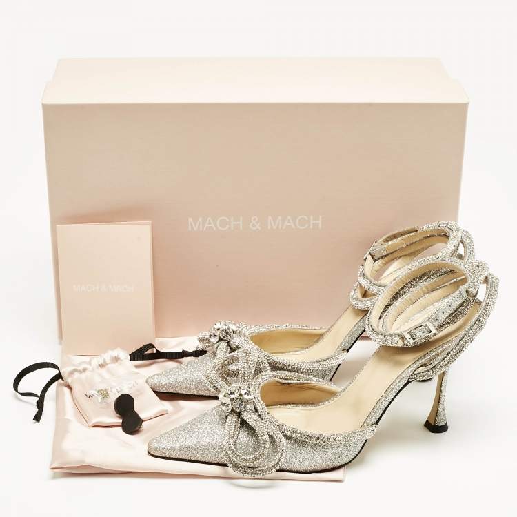 Pre Owned Mach & Mach Silver Glitter Double Bow Crystal Embellished Pumps Size 38