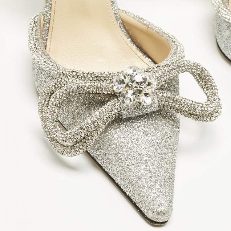 Pre Owned Mach & Mach Silver Glitter Double Bow Crystal Embellished Pumps Size 38