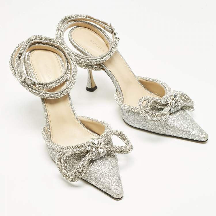 Pre Owned Mach & Mach Silver Glitter Double Bow Crystal Embellished Pumps Size 38