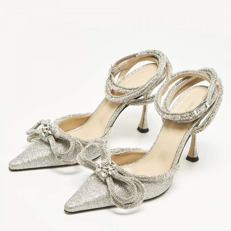 Pre Owned Mach & Mach Silver Glitter Double Bow Crystal Embellished Pumps Size 38