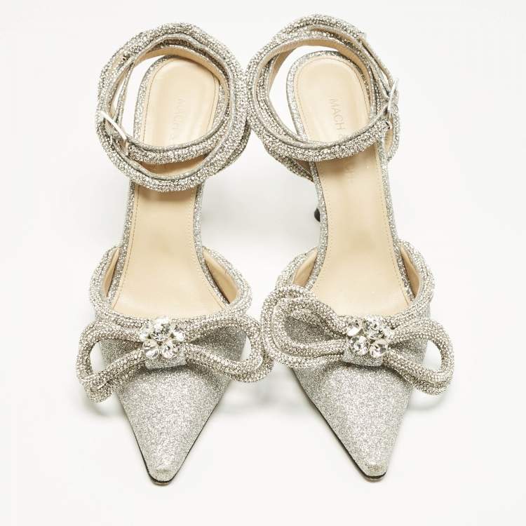 Pre Owned Mach & Mach Silver Glitter Double Bow Crystal Embellished Pumps Size 38