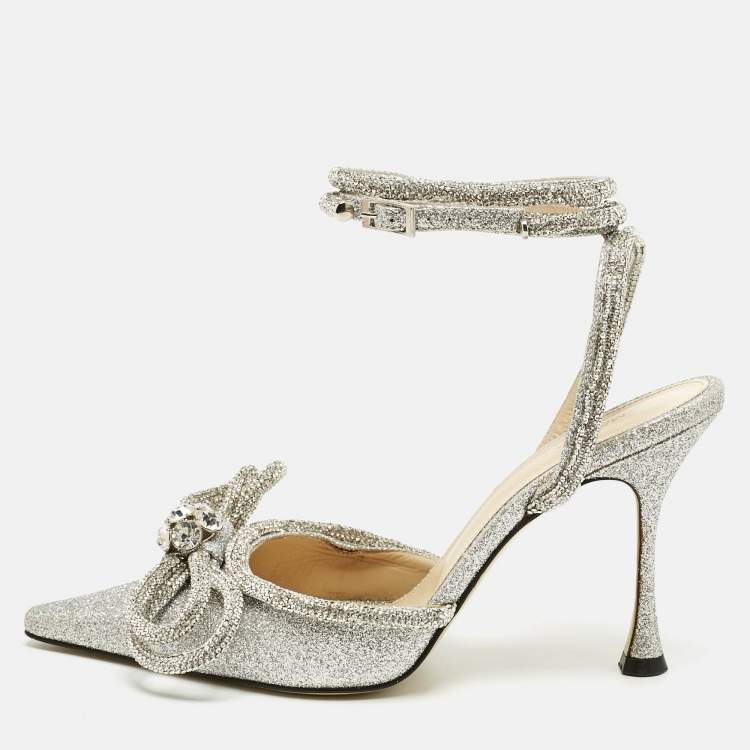 Pre Owned Mach & Mach Silver Glitter Double Bow Crystal Embellished Pumps Size 38