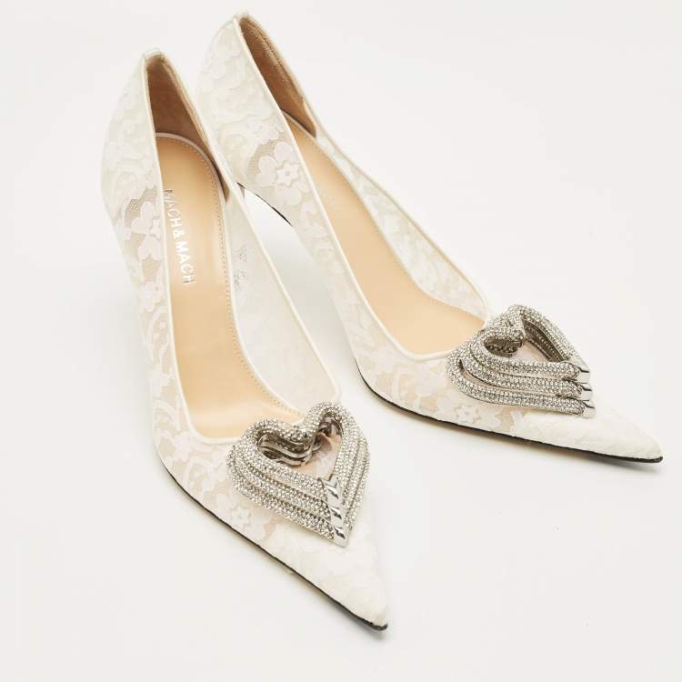 Pre Owned Mach & Mach White Mesh and Satin Triple Heart Pumps Size 39