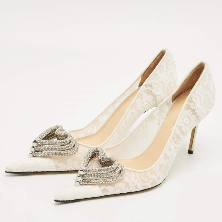 Pre Owned Mach & Mach White Mesh and Satin Triple Heart Pumps Size 39