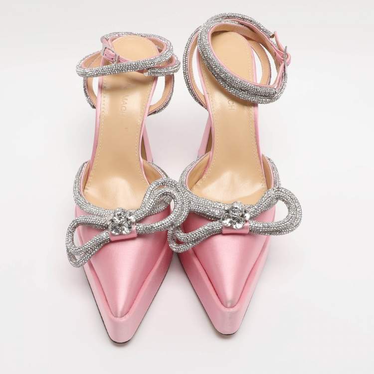 Pre Owned Mach & Mach Light Pink Satin Double Bow Crystal Embellished Platform Pumps Size 38