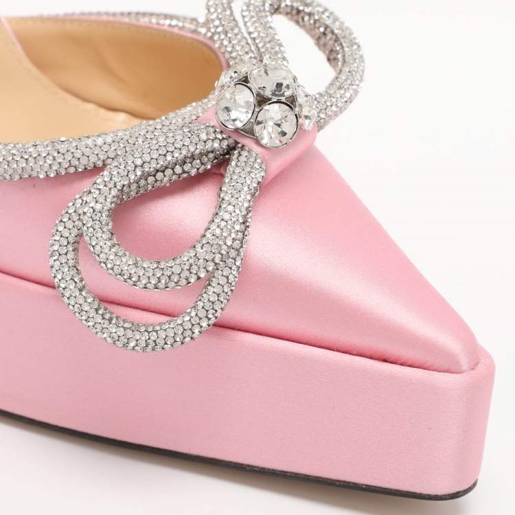 Pre Owned Mach & Mach Light Pink Satin Double Bow Crystal Embellished Platform Pumps Size 38