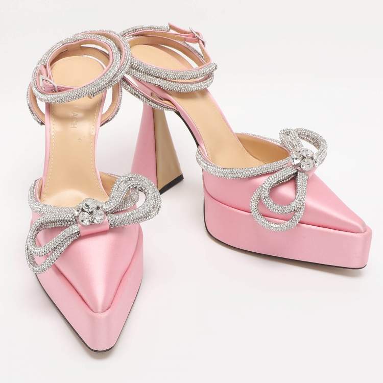 Pre Owned Mach & Mach Light Pink Satin Double Bow Crystal Embellished Platform Pumps Size 38