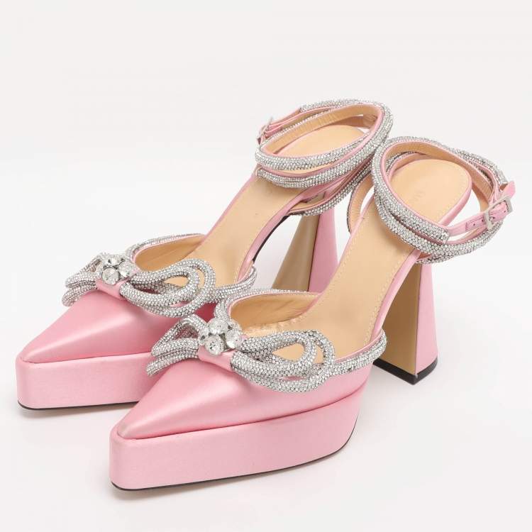 Pre Owned Mach & Mach Light Pink Satin Double Bow Crystal Embellished Platform Pumps Size 38
