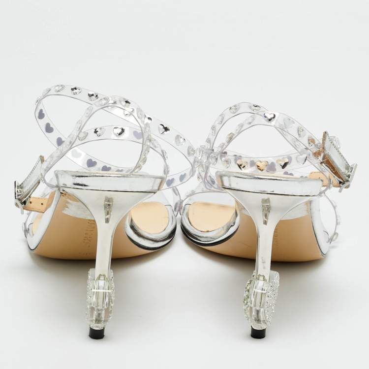 Pre Owned Mach & Mach Transparent PVC Heart Crystal Slingback Sandals Size 38.5