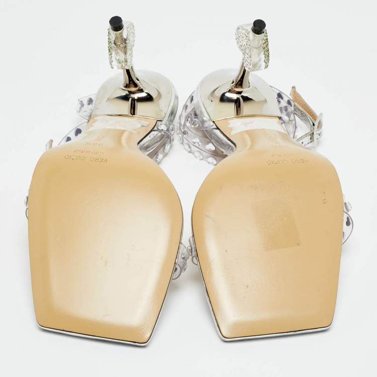 Pre Owned Mach & Mach Transparent PVC Heart Crystal Slingback Sandals Size 38.5