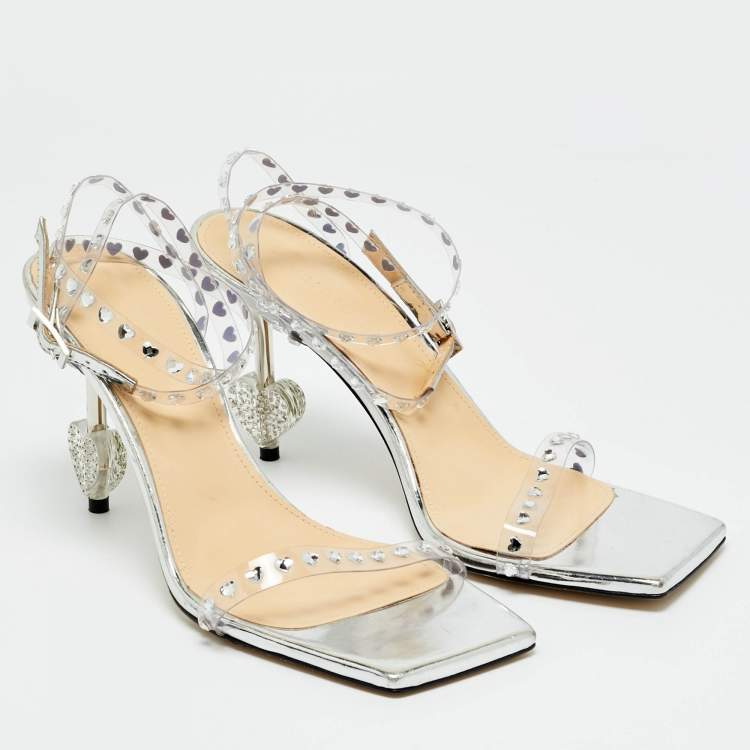 Pre Owned Mach & Mach Transparent PVC Heart Crystal Slingback Sandals Size 38.5