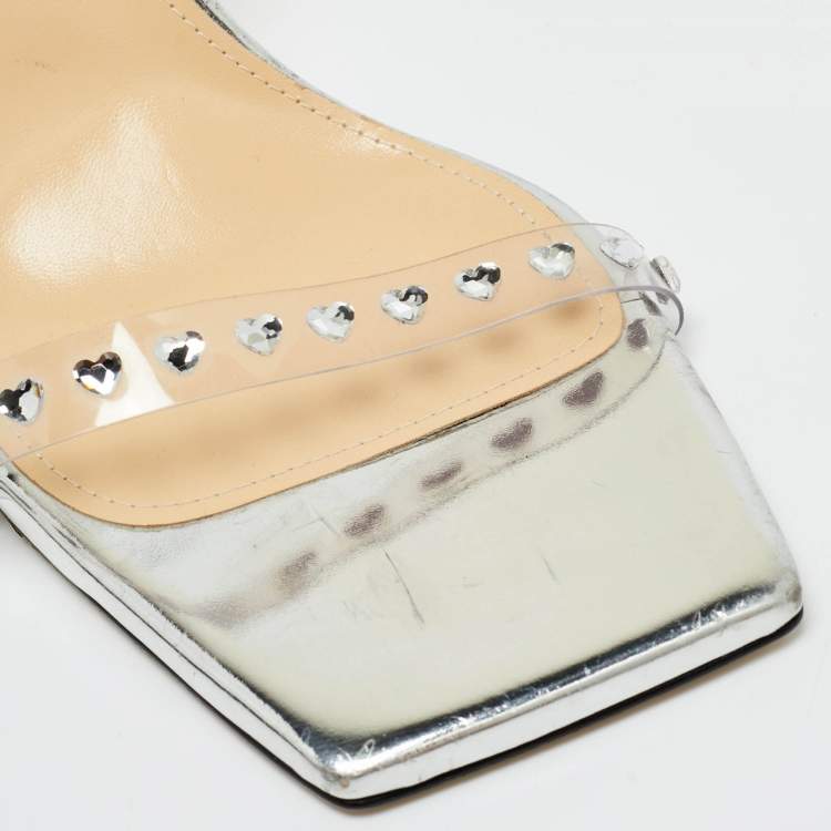 Pre Owned Mach & Mach Transparent PVC Heart Crystal Slingback Sandals Size 38.5