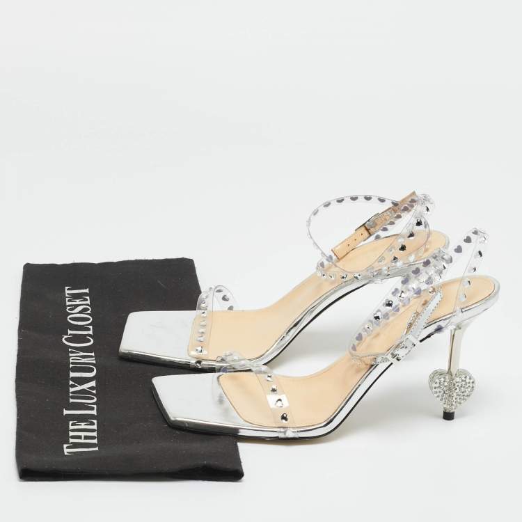 Pre Owned Mach & Mach Transparent PVC Heart Crystal Slingback Sandals Size 38.5
