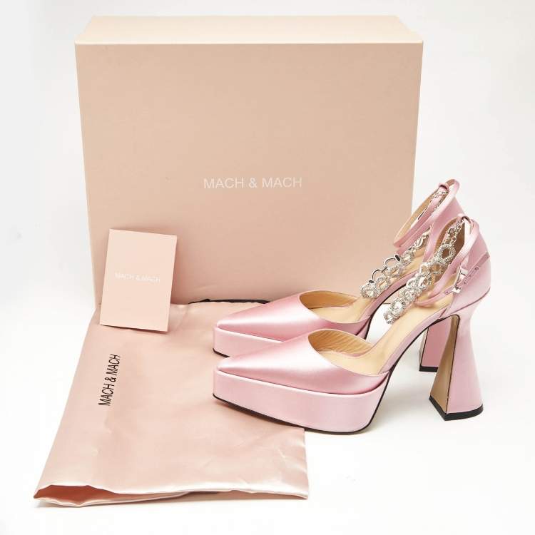 Pre Owned Mach & Mach Light Pink Satin Bow Chain Platform Pumps Size 39