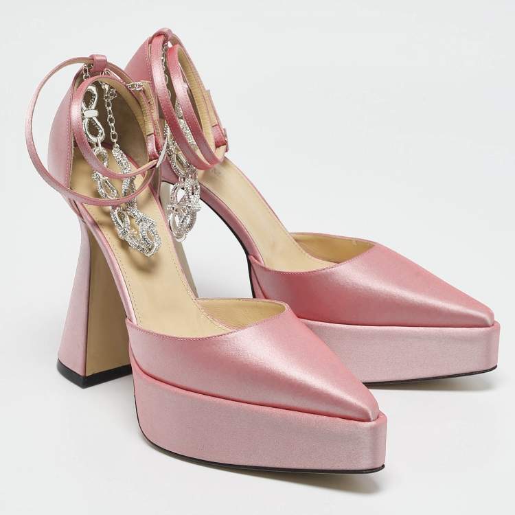 Pre Owned Mach & Mach Light Pink Satin Bow Chain Platform Pumps Size 39
