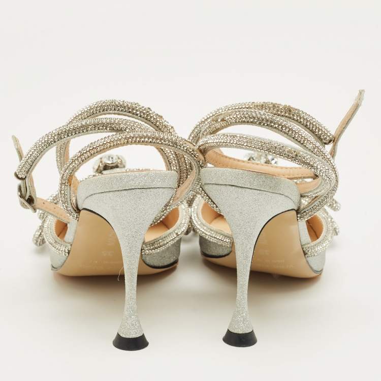 Pre Owned Mach & Mach Silver Glitter Double Bow Crystal Embellished Pumps Size 35
