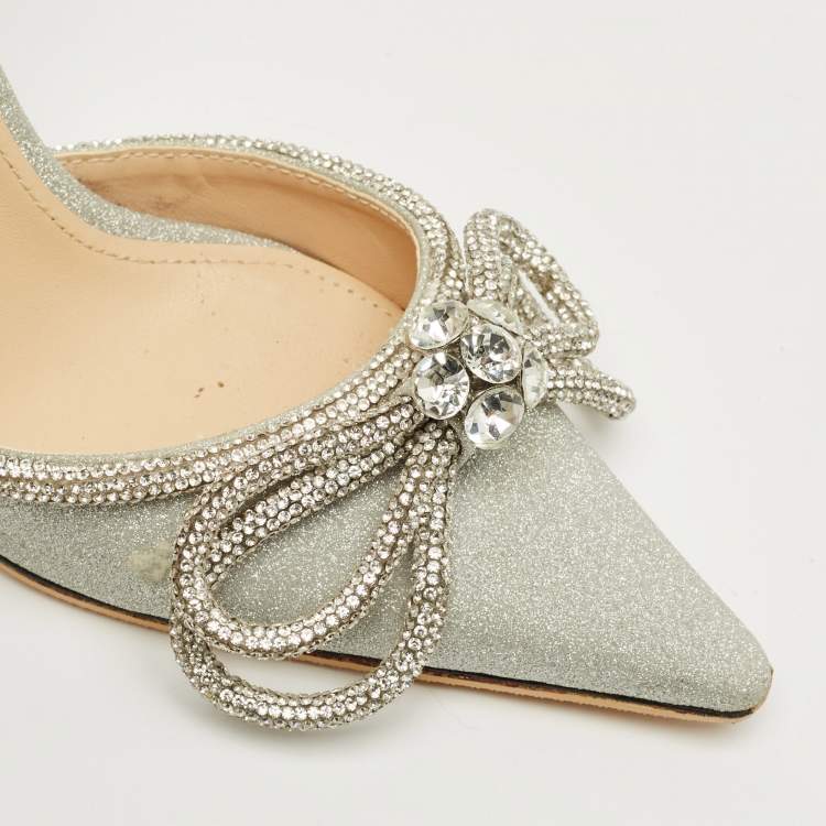 Pre Owned Mach & Mach Silver Glitter Double Bow Crystal Embellished Pumps Size 35