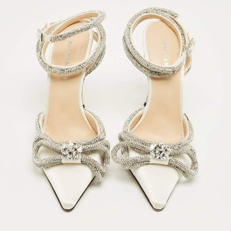 Pre Owned Mach & Mach White Satin Double Bow Crystal Embellished Pumps Size 37