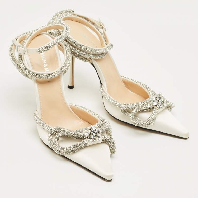 Pre Owned Mach & Mach White Satin Double Bow Crystal Embellished Pumps Size 37