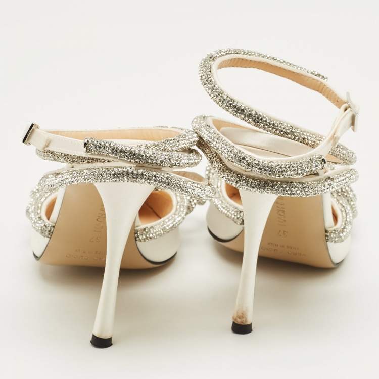 Pre Owned Mach & Mach White Satin Double Bow Crystal Embellished Pumps Size 37