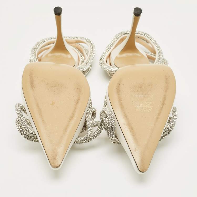 Pre Owned Mach & Mach White Satin Double Bow Crystal Embellished Pumps Size 37