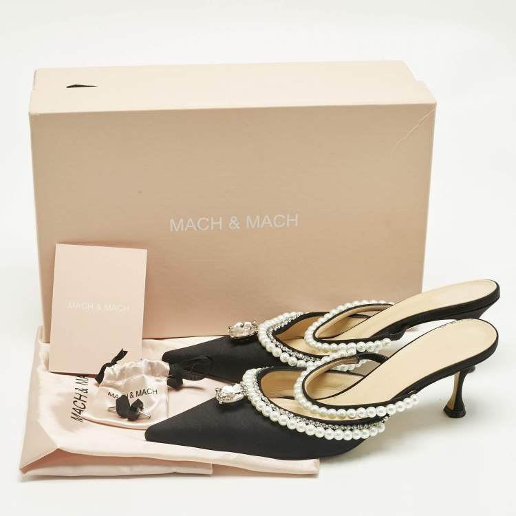 Pre Owned Mach & Mach Black Satin Bow Crystal Embellished Slide Sandals Size 40