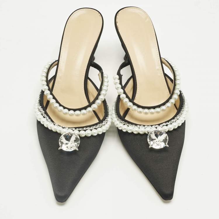 Pre Owned Mach & Mach Black Satin Bow Crystal Embellished Slide Sandals Size 40