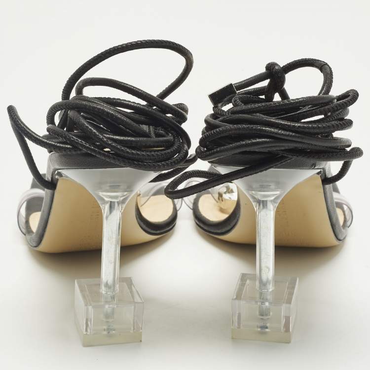 Pre Owned Mach & Mach Size 38.5 Black Leather and PVC Ankle Strap Sandals