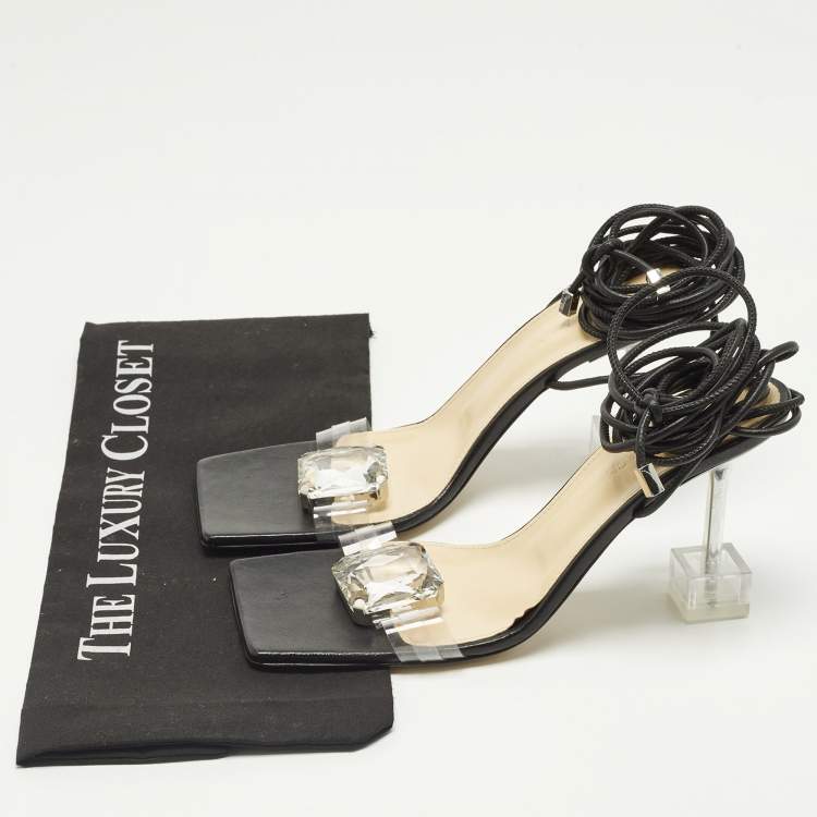 Pre Owned Mach & Mach Size 38.5 Black Leather and PVC Ankle Strap Sandals