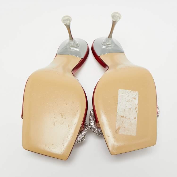 Pre Owned Mach & Mach Double Bow Crystal  Red Patent Leather Slide Sandals Size 40.5