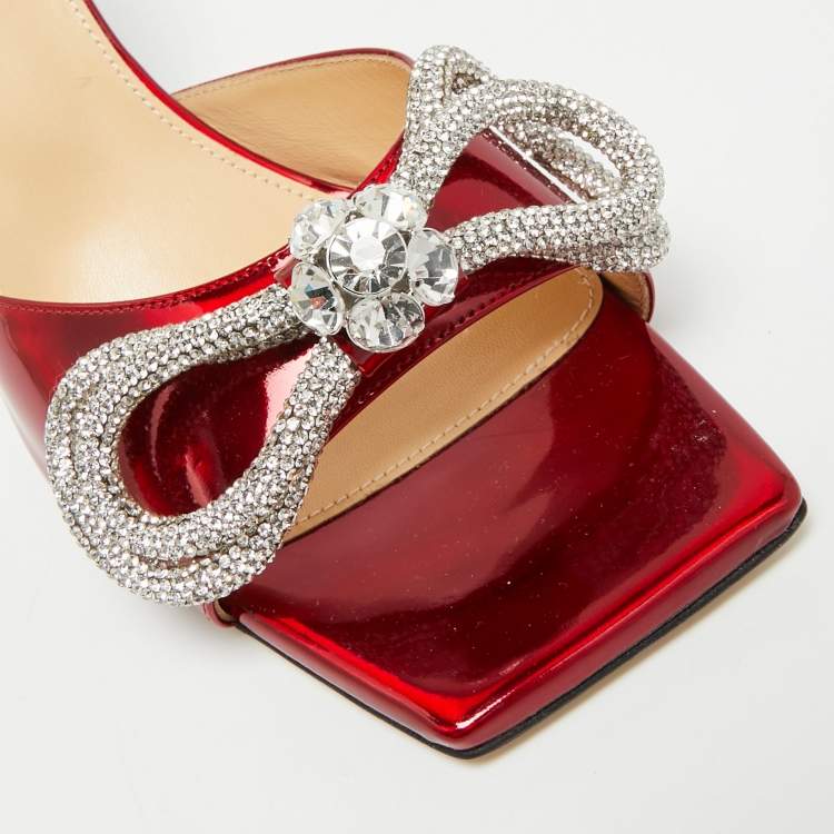 Pre Owned Mach & Mach Double Bow Crystal  Red Patent Leather Slide Sandals Size 40.5